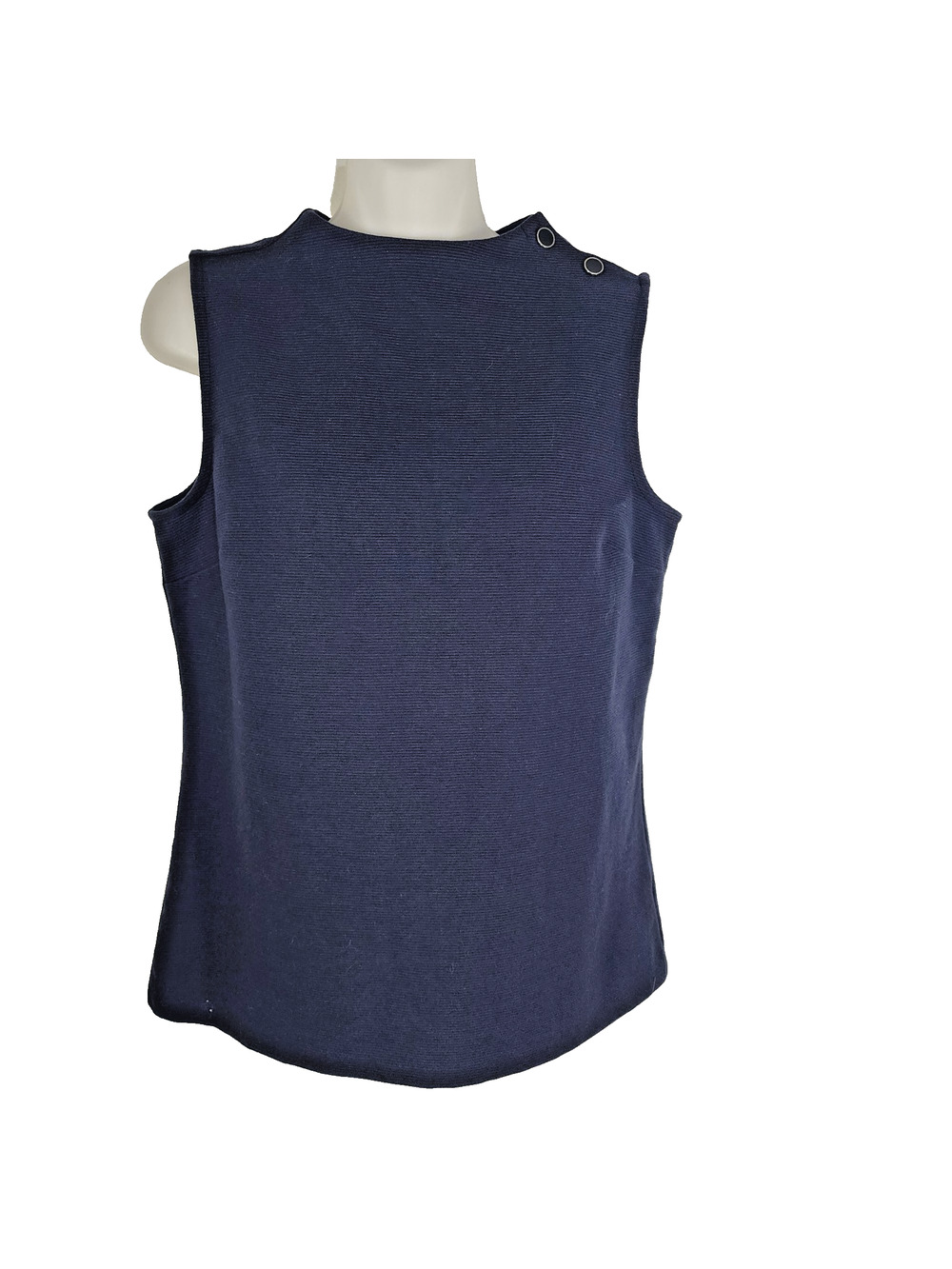 Talbots Womens High Neck Button Shoulder Top Small Navy Blue Ribbed Sleeveless